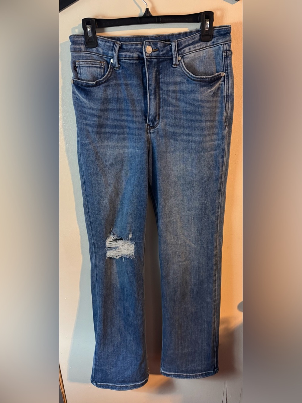 Judy Blue Medium Blue Distressed Straight Leg Jeans Size 11
